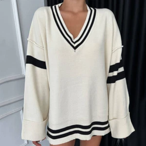 New spring Women Casual Loose Striped V-Neck Mid-Length Long-Sleeved T-Shirt Top - Picture 1 of 7