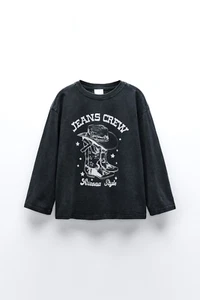 Zara Girls Cowboy Boots Graphic Tee Size 11-12 Dark Gray Jeans Crew NWT Cotton - Picture 1 of 6