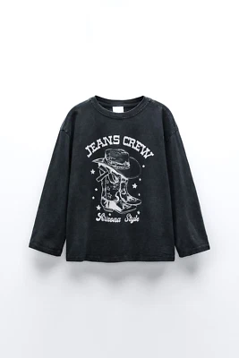 Zara Girls Cowboy Boots Graphic Tee Size 11-12 Dark Gray Jeans Crew NWT Cotton - Image 1 of 4