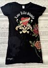 ED HARDY Women&#39;s Vintage Blk Y2K Skull Love Kills Slowly Long Line Shirt Top L