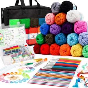 20 Large Acrylic Yarn Skeins - 105 PCS Crochet Kit w Hooks, Needles, Accessories - Picture 1 of 12
