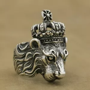 925 Sterling Silver Crown King Lion Ring Biker Punk Jewellery TA75B UK N½~Z4 - Picture 1 of 27