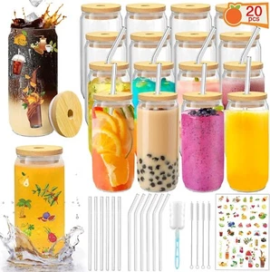 Glass Cups with Lids and Straws 20 Pcs 16 oz Ice Coffee Cup Skinny and Long - Picture 1 of 7
