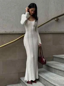 Elegant Knit Dress Women Slim V Neck Sexy Hollow Out Vestidos Female - Picture 1 of 25