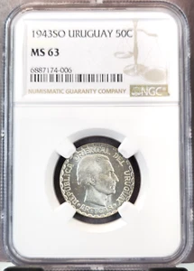1943 URUGUAY SILVER 50 CENTESIMOS 50C NGC MS 63 BRIGHT BEAUTIFUL COIN - Picture 1 of 3