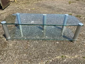 TV Stand Clear Glass Shelving Unit Silver Legs For LCD, OLED, LED Up To 55 Inch - Picture 1 of 2