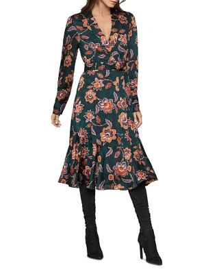 Vestido midi envolvente verde azulado manga larga satinado floral Bcbg Max Azria nuevo con etiquetas XS Foto 1 de 4