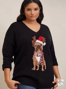 Torrid Womens Black Sweater Christmas French Bulldog Pullover Cotton Size 1/1X - Picture 1 of 6