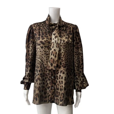 Blusa Top $1295 NUEVA CON ETIQUETAS Dolce&Gabbana Marrón Leopardo Coño Lazo Metálico IT 42/6 Foto 1 de 4