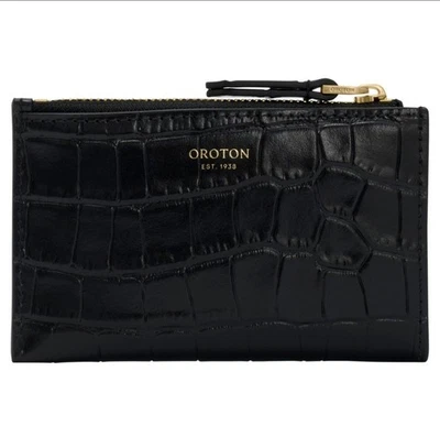 New Oroton Black Leather Dylan Textured Mini Wallet 4 CC Zip Pouch - Image 1 of 3