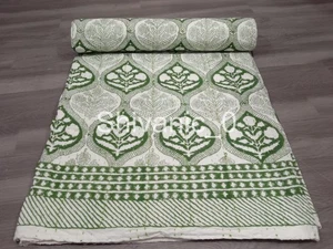 Indischer Blockdruck Grün Weiß Blumen Tagesdecke Kantha Wendebettwäsche Quilt - Bild 1 von 8