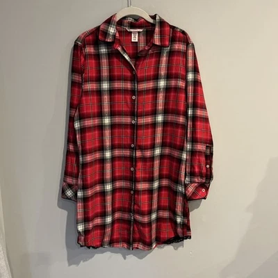 Рубашка для сна Victoria's Secret размер S красная черная серебристая клетчатая на пуговицах спереди кружевная отделка - Изображение 1 из 4