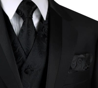 MEN'S BLACK PAISLEY FORMAL TUXEDO VEST TIE HANKIE WEDDING FORMAL PROM HOMECOMING - Image 1 of 4