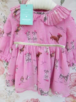 BNWT Pink DOGGY Chiffon Floaty Party Occasion Dress 3-6 MONSOON £31 - Image 1 of 4
