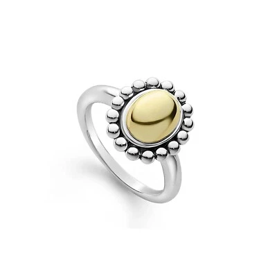 LAGOS Caviar Sterling Silver 18k Yellow Gold High Bar Oval Dome Ring Size 7 NEW - Image 1 of 4