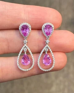 Pear Cut 4.07 Ct Natural Pink Sapphire & Diamond Earring Stud 14K White Gold - Picture 1 of 5