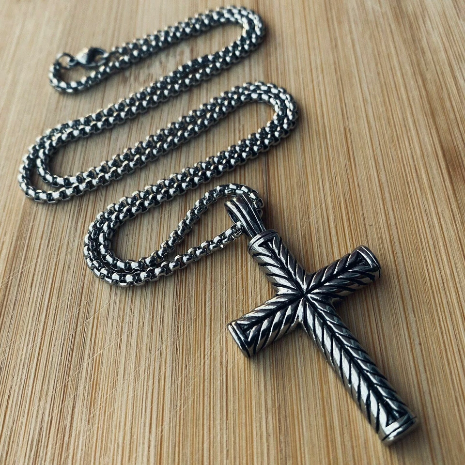 Boys Mens Stainless Steel Vintage Cross Pendant Necklace Men Women Silver - Image 1 of 4
