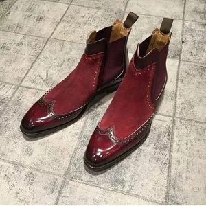 Two Tone Handmade Mens Chelsea Boots Men Burgundy Ankle Boots, Boots For Men - Picture 1 of 4