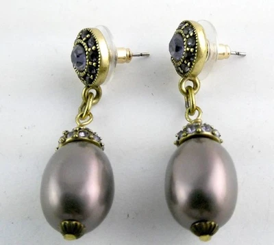 Heidi Daus Purple Faux Pearl and Rhinestone Pierced Dangling Earrings 10g 1.5 In - Image 1 of 4