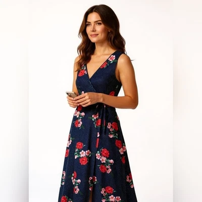 Maxi Vestido Nina Leonard Azul Marino Floral Lunares Talla Med Imitación Envoltura Tropical Vacaciones Foto 1 de 4