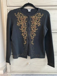 Ann Taylor Petite Small Vintage Black Dress Cardigan with Gold Floral Beading - Picture 1 of 4
