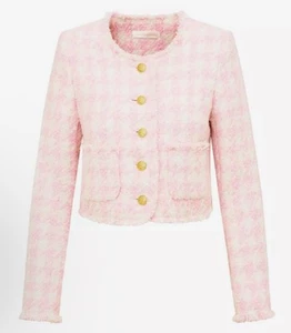 LoveShackFancy Antoine Tweed Wool Jacket Pink Houndstooth New Women’s Size 4 - Picture 1 of 11