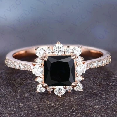 Anillo de oro rosa sólido de 14 k 100 % real de ónix natural y diamantes talla princesa de 4,70 quilates Foto 1 de 4