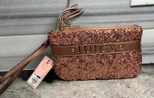 NEW Juicy Couture Wristlet Rose Gold Fully Sequined Double Zip Small Clutch - Picture 1 of 11