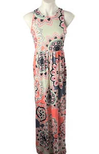 S M L XL Coral Paisley Side Pocket Sleeveless Maxi Dress Stretch - Picture 1 of 4