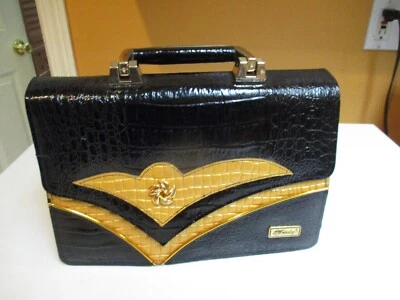 Vintage Mido Black &  Yellow Leather Embossed Purse w Handle *Signed - Image 1 of 4