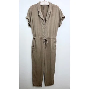Free People Lottie Jumpsuit Small Tan Neutral Drawstring Waist Straight Leg - Picture 1 of 8