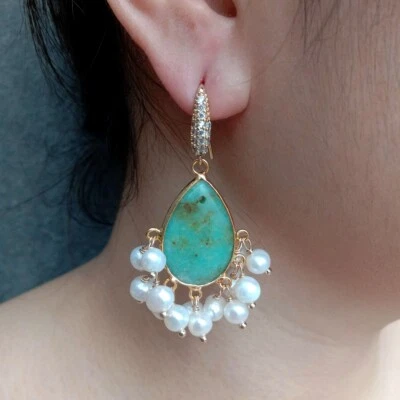 Pendientes colgantes de perlas blancas cultivadas crisoprasa verde natural Foto 1 de 4