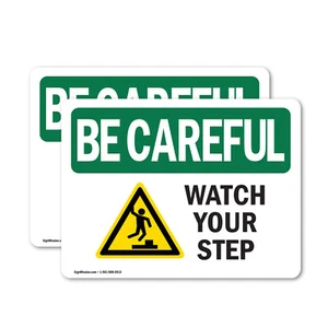 (2 Pack) Watch Your Step OSHA Be Careful Sign Decal Metal Plastic - Picture 1 of 19