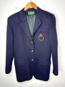 $298 Ralph Lauren 12 Navy Blue Crest Blazer Jacket Military University Coat VTG - Picture 1 of 9