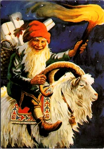 Postal de Navidad folclore escandinavo sueco gnomo de Jultomte y cabra de Navidad  - Imagen 1 de 2