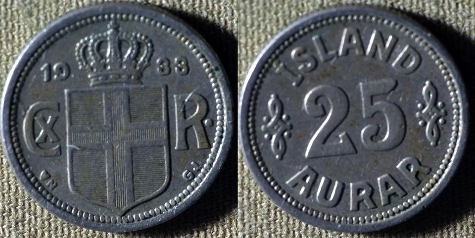 Iceland : 1933(H)N-GJ  25 Aur XF  # 21   IR5790 - Image 1 of 1