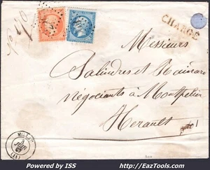 FRANCE N°22 + 23 SUR LETTRE CHARGÉE GC 2360 MILLAU AVEYRON + CAD DU 03/06/1867 - Picture 1 of 2