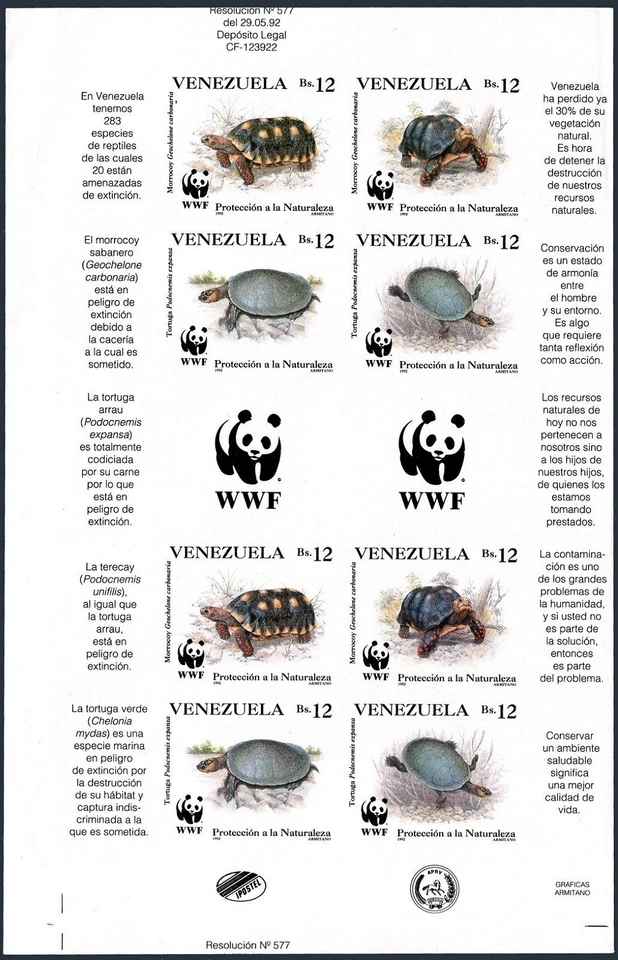 Venezuela 1471 adx2 imperf sheet, MNH. Mi 2729B-2732B klb. WWF 1992, Turtles. - Image 1 of 1
