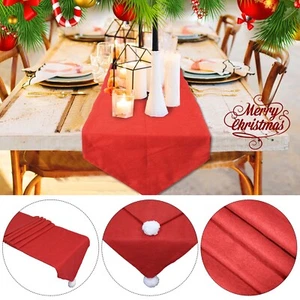 Christmas Felt Table Runner with White Pom-Poms,Festive Dining Decoration Party - Picture 1 of 7