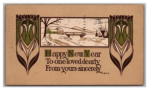 Postal Año Nuevo Feliz Año Nuevo Artes y Manualidades AM Davis Winter Village 1911 L24 - Imagen 1 de 2