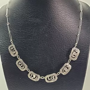 Antique Chain Necklace Symbols Egypt Hieroglyphs Sterling Silver Vintage - Photo 1 sur 13