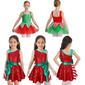 Kids Xmas Party Costume Sequins Sleeveless Dance Leotard Dress Christmas Gift - Picture 1 of 62
