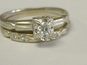 ART DECO SOLID 14K WHITE GOLD 0.12CT TW DIAMOND ENGAGEMENT SET 2 RINGS SIZE 5.75 - Picture 1 of 12
