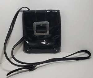 Boconi Crossbody Black Patten Leather Lg Silver Buckle Purse Cheeta Print Lining - Picture 1 of 10