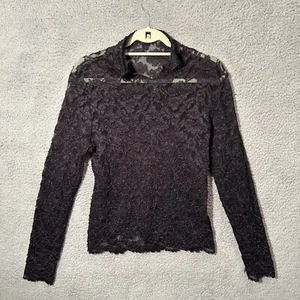 Mesh V-Neck Button Loop Mock Neck Long Sleeve Top Women's S Black Pullover - Picture 1 of 5