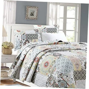 Moorea Floral Gray Yellow Coral Aqua Blue Patchwork King Fleur-de-lis - Picture 1 of 8