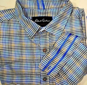Robert Graham neuwertiges blau-braunes Herrenhemd mit Hahnentritt Größe 2XL - Bild 1 von 19