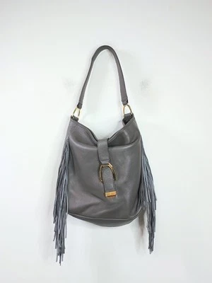 NUEVO GILI Gris Guijarro Cuero Estribo Hobo Flecos Bolso de Hombro Cartera Foto 1 de 4