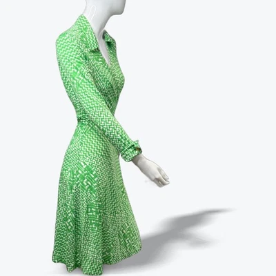 1970s Diane von Furstenberg Wrap Dress Vintage Green Geo Print Long Sleeve 6 - Image 1 of 4