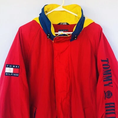 Vtg 90s Tommy Hilfiger Spell Out Windbreaker Jacket Sz Lg Flag Crest Preppy Sail - Image 1 of 4